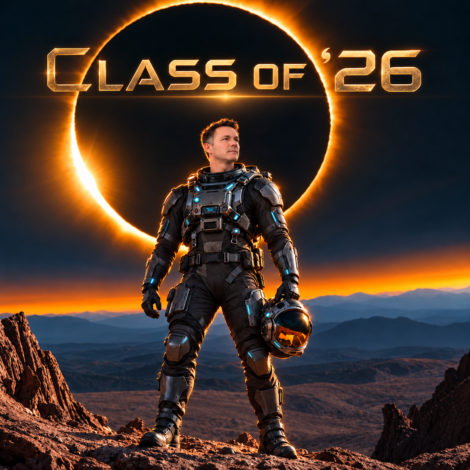 Class of ’26 album cover — astronaut beneath a glowing eclipse